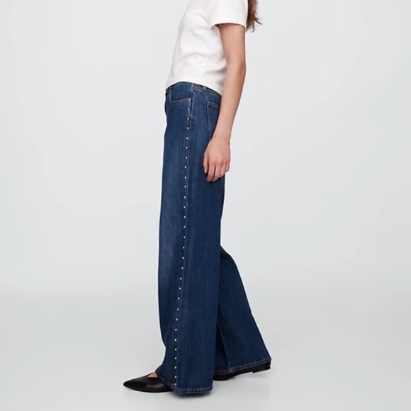 Gap High Rise SuperSoft Studded Wide-Leg Jeans Size 8, Dark Indigo - Picture 3 of 7